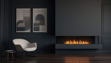 Fototapeta premium Dark gray living area decorated with vertical poster art, soft white armchair, and a contemporary fireplace setup