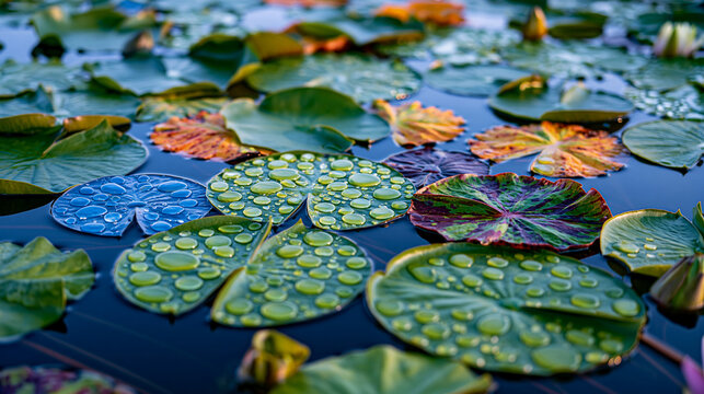 Water lily pad field at dawn, Nymphaea leaves tessellating across calm water surface, spherical dew drops resting in geometric arrangement on circular pads, emergent aquatic vegetation creating bota