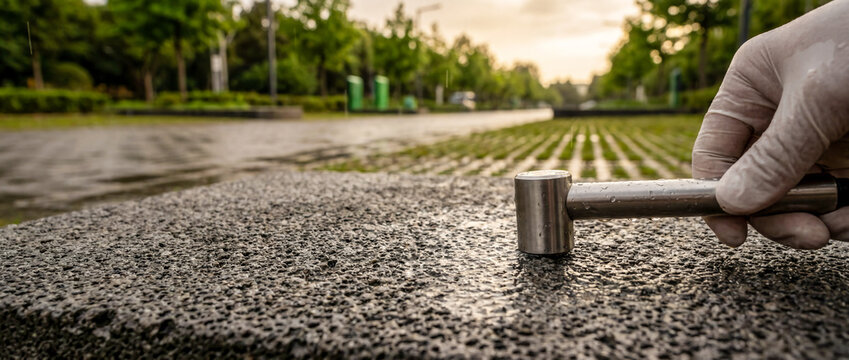 Close-up of a technician's gloved hand using a geological or construction test hammer to inspect the hardness of a porous outdoor concrete paving block.