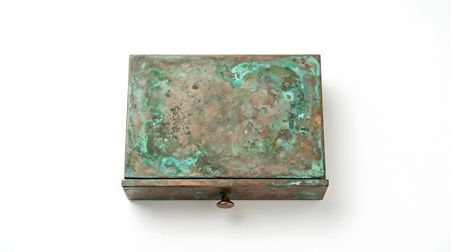 Isolated top view of a vintage oxidized copper jewelry box drawer with weathered patina texture and antique metal handle