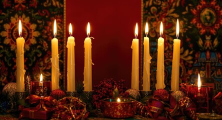 Obraz premium Festive Kwanzaa display with seven lit candles and copy space on vibrant backdrop