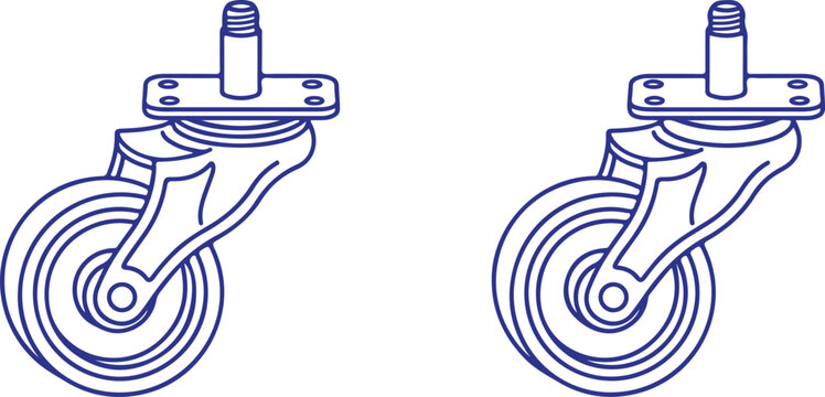 Two industrial casters wheels or furniture wheels for heavy equipment or office chairs with mounting plates.