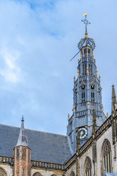 Exterior of tower of the Saint Bavo church in Haarlem, Noord-Holland, The Netherlands, Europe