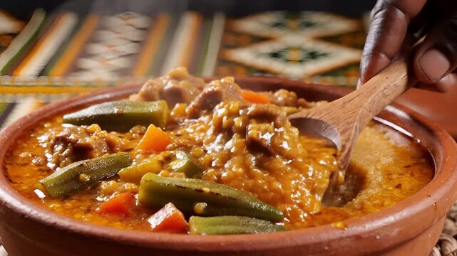 Traditional Bamia Stew with Tender Lamb and Okra in Clay Pot.