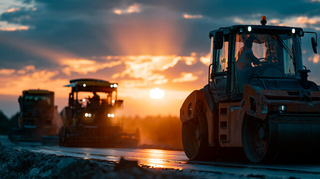 Sunset highway construction site with warm sunrays breaking through clouds, silhouettes of rollers and paving machines working on a new road surface, cinematic industrial atmosphere, road