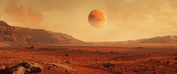 Obraz premium Fantastic illustration of barren red Mars landscape with orange planet and mountains