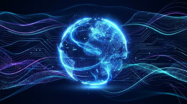 Abstract Blue Sphere Digital &mdash; Abstract Glowing Sphere of Blue and Purple Energy, Futuristic Plasma Orb Made of Light Particles in Empty Dark Space for Technology and Brand Visuals
