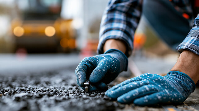 Close-up of gloved hands inspecting freshly laid asphalt texture with a small measuring tool, quality control focus in a road construction setting, asphalt inspection, quality control, road