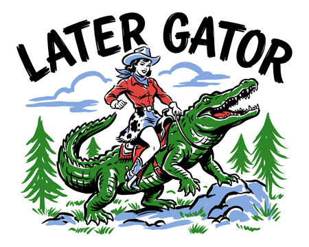 Retro cowgirl alligator artwork. Western vintage rodeo design. Later gator graphic print. T shirt print apparel design. Wild west adventure poster.