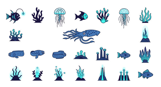 Diverse Collection of Underwater Marine Life and Coral Reef Elements.
