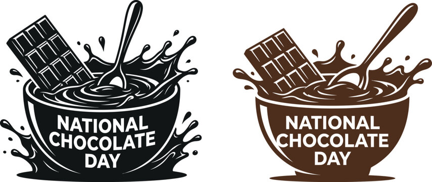 Vector illustration celebrating National Chocolate Day with a chocolate bar splashing into a bowl of liquid chocolate.