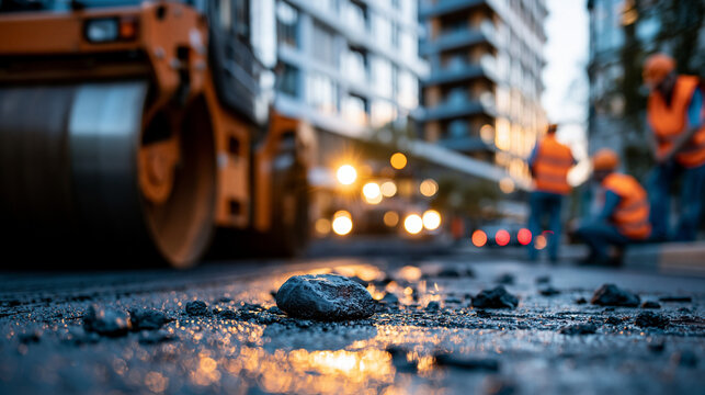 Heavy vibration roller compacting freshly laid asphalt on a city street, visible heat shimmer and textured black surface beneath the steel drum, workers monitoring compaction quality