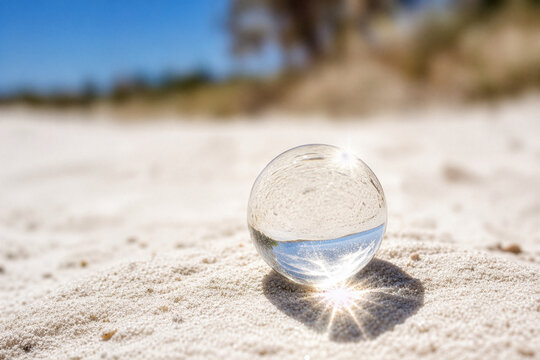 Glass Ball Reflecting Sky on Sand Beach Bright Midday Sun