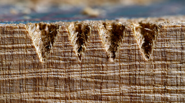 Hand sawn oak dovetail tail board, saw kerf marks crisp across grain, traditional cabinet construction detail macro, fine furniture joinery precision close, hardwood timber surface texture, workshop
