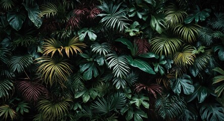Fototapeta premium Dense tropical plant wall with diverse leaf textures and vibrant hues for nature design