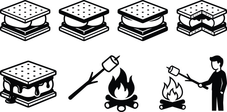 Collection of vector illustrations depicting s'mores, marshmallows roasting over a campfire, and outdoor cooking scenes.