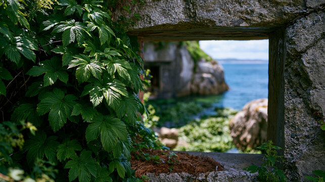 Overgrown artillery fortification embrasure opens through a coastal cliff-edge battery wall, reinforced concrete spalling under salt weathering, interior magazine chamber flooded with tidal accumula