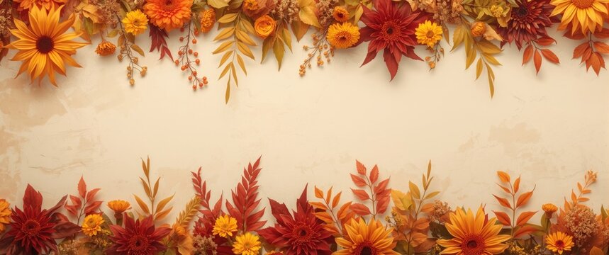 Fresh flower autumn border flat lay on gentle beige pastel background showcasing fall concept with top view and copy space anime style