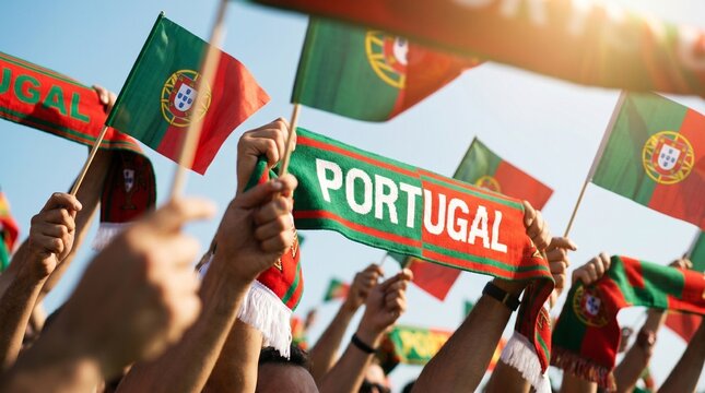 Adeptos Portugueses em Festa a Celebrar uma Grande Vit&oacute;ria no Futebol, Erguendo Bandeiras e Cachec&oacute;is Ap&oacute;s uma Conquista Hist&oacute;rica.