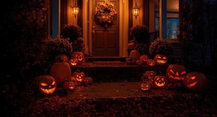 Obraz premium Festive front porch decorated with glowing Halloween pumpkins