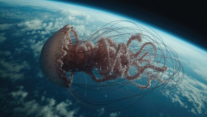 Obraz premium Giant jellyfish alien creature depicted in space with realistic cloud textures