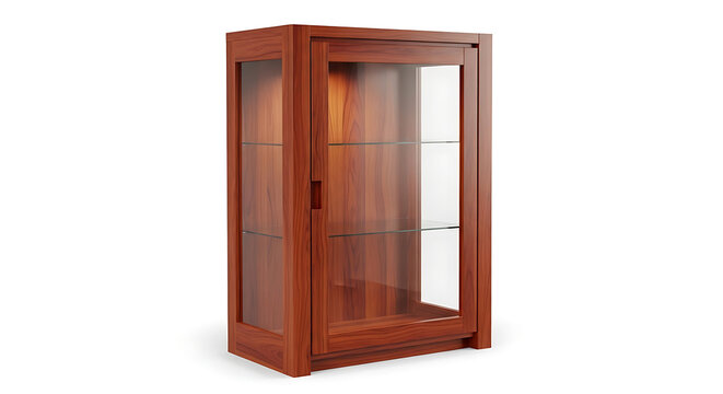 Elegant wooden display cabinet with glass doors, isolated on a white background