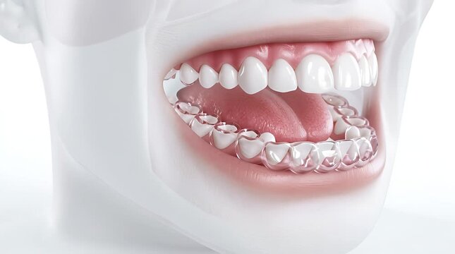 Close-up of a person's mouth with clear dental aligners on teeth, showing a healthy smile.