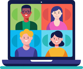 Fototapeta premium Video Conference Screen: A laptop display showing a grid view of four people in a video call interface, flat vector style.