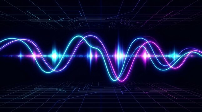 Neon Waveform Glowing Pulses Black &mdash; Abstract Glowing Neon Light Circle Loading Animation and Radio Waves on Dark Background, Futuristic Loop for Technology Apps and Digital UI Design