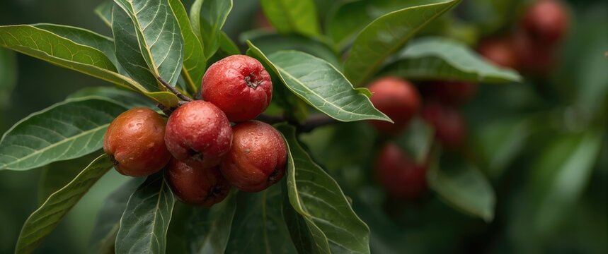 Fresh sweet red air jambu on branch with green leaves