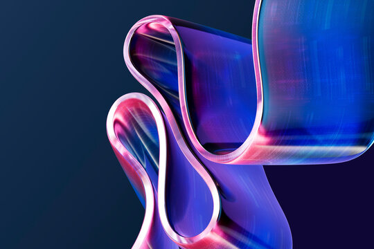 3D digital glass ribbon with neon magenta data flow