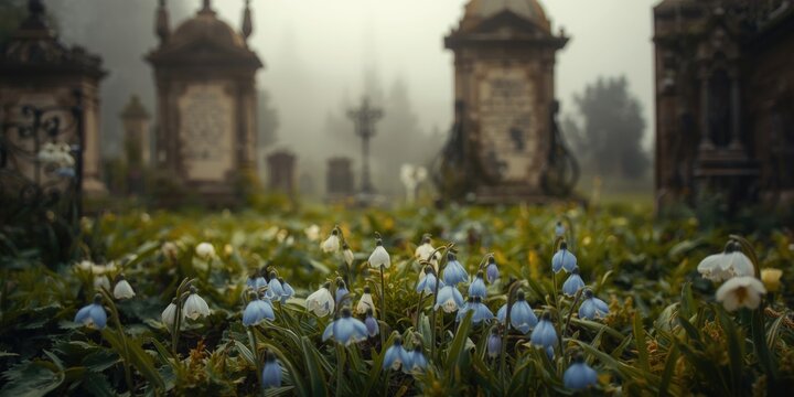 Delicate Scilla Siberica Flowers Blooming in an Antique Cemetery with Copyspace