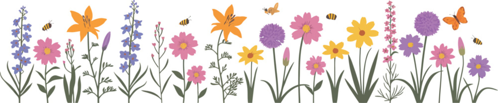 Floral border with bees and butterflies vector illustration