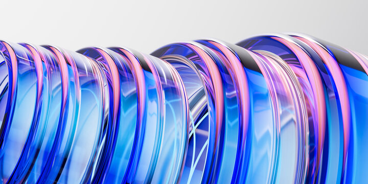 3D iridescent glass coil with blue pink ribbon layers