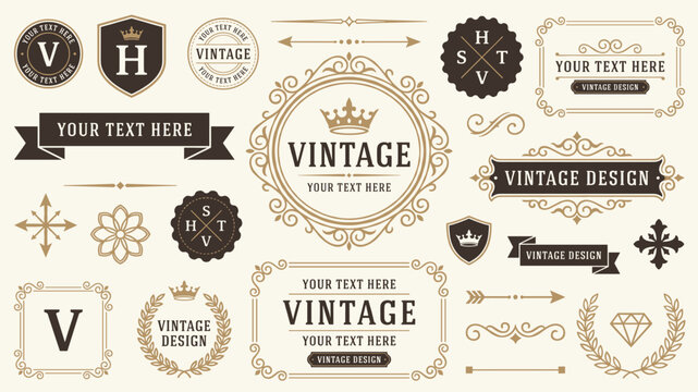 Vintage Logo Badge Label Editable Vector Set with Ornamental Frames Crowns Ribbons and Flourishes for Luxury Brand Identity Design
