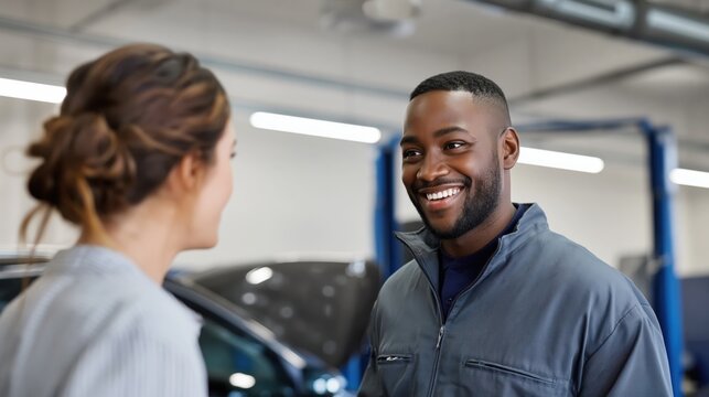 Smiling car salesman greeting woman in dealership showroom