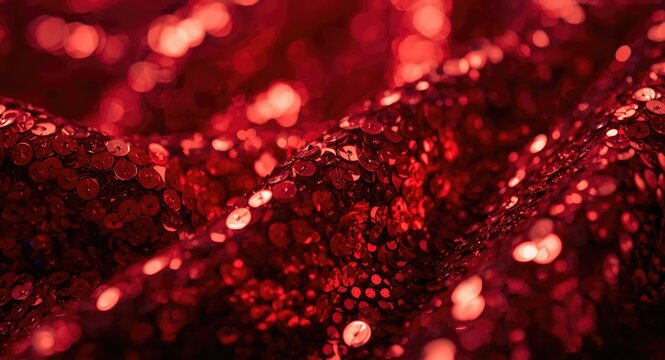 Close-up view of sparkling red sequin fabric for festive clothing