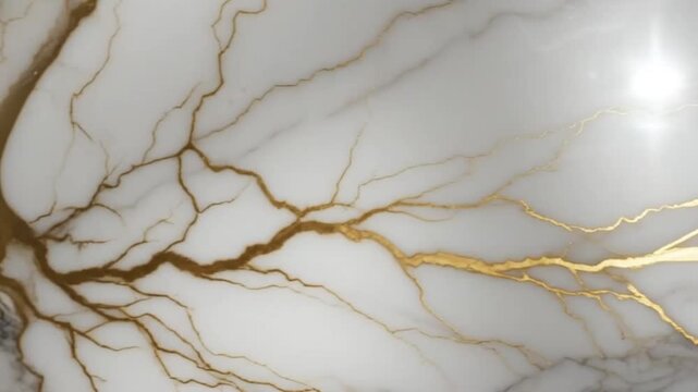 A high-quality abstract background loop showcasing the beauty of premium white marble texture combined with luxurious, gleaming gold veins. 