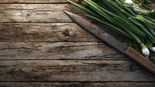 Rustic wooden surface holds a sharp blade beside freshly harvested green onions and herbs.