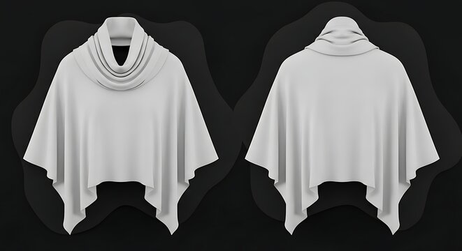 Isolated front and back view of light grey womens poncho shawl with cowl neck, clothing mockup for fashion design