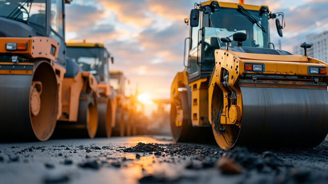 Group of heavy vibration roller compactors parked and operating on a wide asphalt construction site, repeating industrial shapes and fresh black pavement texture, road rollers, asphalt