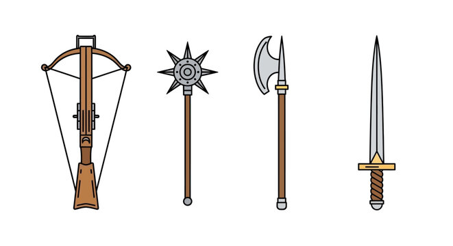 Medieval Weaponry Collection Crossbow Mace Halberd Sword Set.