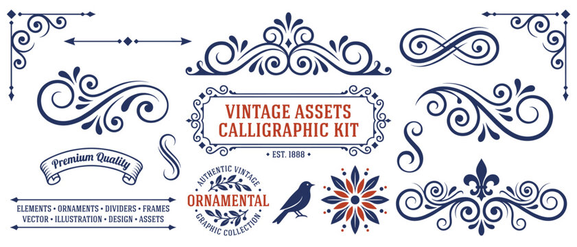 Vintage Calligraphic Ornament Kit Editable Vector Set with Flourishes Dividers Frames Borders and Decorative Elements for Wedding Design
