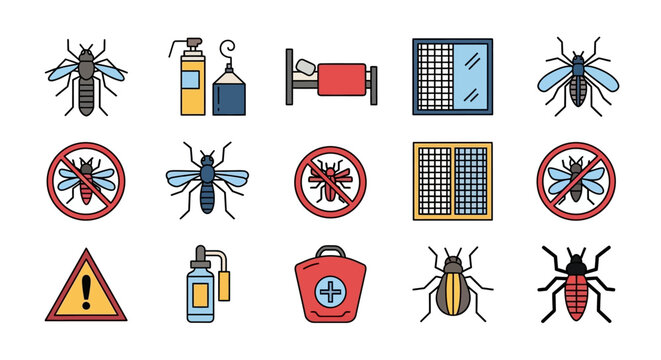 Mosquito and insect control icons set for pest prevention and protection.