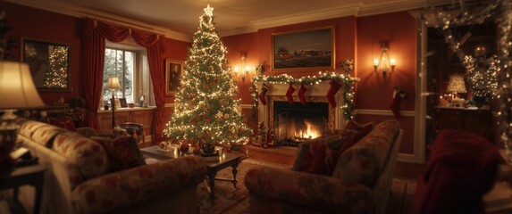 Obraz premium Cozy living room decorated for Christmas with a festive tree