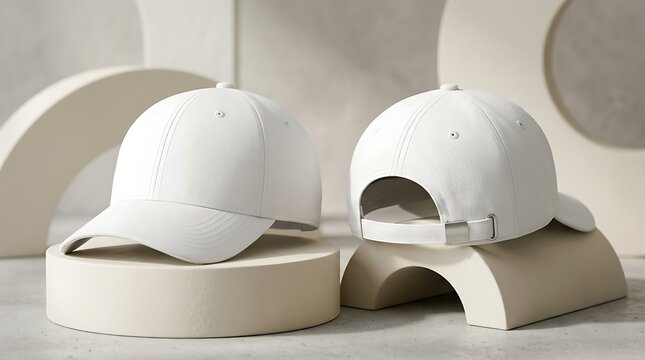 Isolated two white dad caps on geometric podiums, blank apparel branding mockup for fashion headwear merchandise design