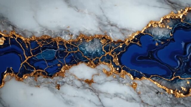An abstract animation featuring an elegant blend of classic white marble textures and stunning deep blue crystal geode fractures. 