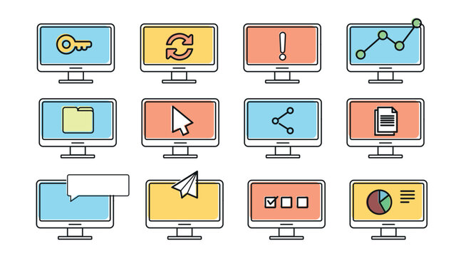 Mega set of 12 desktop computer icons: modern PC workstation vectors with web interaction, chat, sync, and document symbols, black line art with offset color fill.