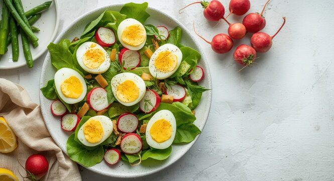 Fresh Easter salad with boiled eggs radishes and cucumbers dressed in Dijon mustard and lemon on white table with copy space