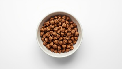 Fototapeta na wymiar Dry pet food served in a white ceramic bowl resting on a uniform white background with copy space